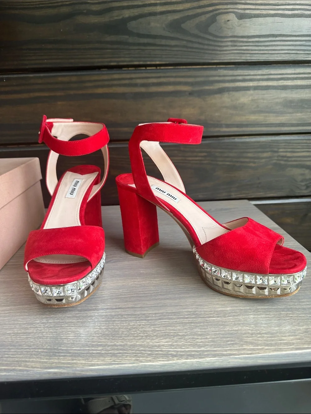 Miu Miu Red Suede Crystal-Trim Platform Sandals